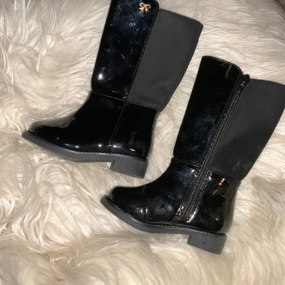Black Patent Leather Rhinestone Riding Boots - Picture 3 of 6